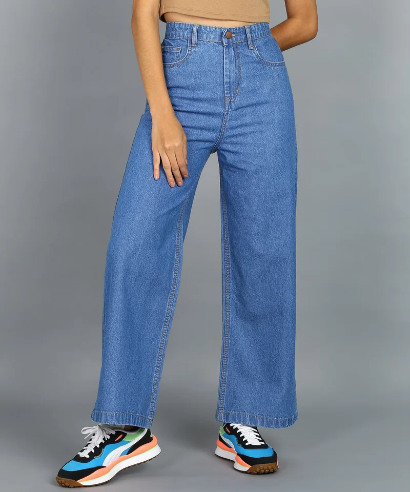 Urbano Fashion  Urbano Fashion Women's Light Blue Regular Fit Wide Leg Washed Jeans for Women | Best Price UAE